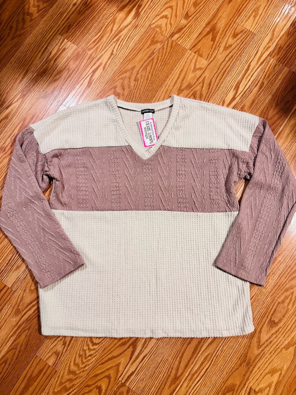 Heimish Colorblock V-Neck Soft Waffle Knit and Cable Knit Lightweight Sweater
